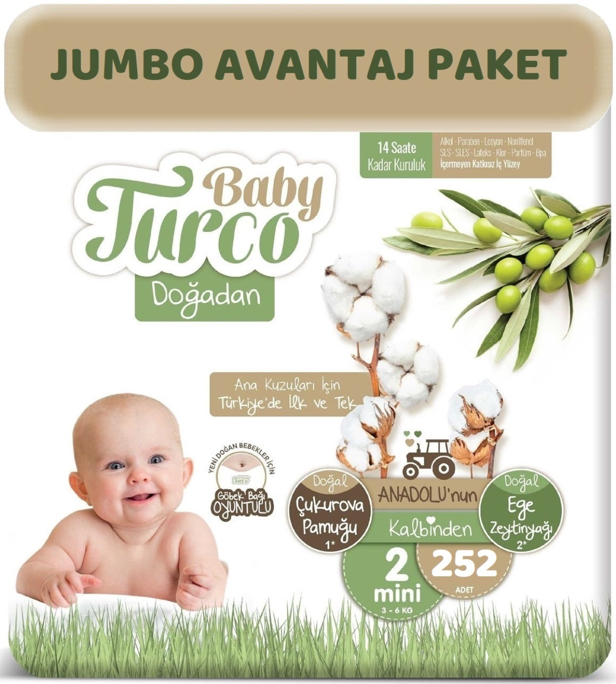 Baby Turco Bebek Bezi Doğadan 2 Beden 3-6 KG Mini 252 Adet Jumbo Avantaj Pk