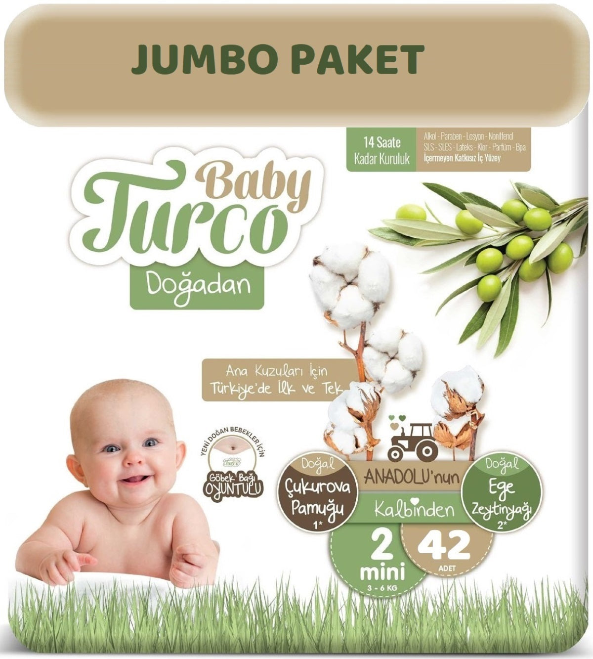Baby Turco Bebek Bezi Doğadan 2 Beden 3-6 KG Mini Göbek Bağı Oyuntulu 42 Adet Jumbo Pk