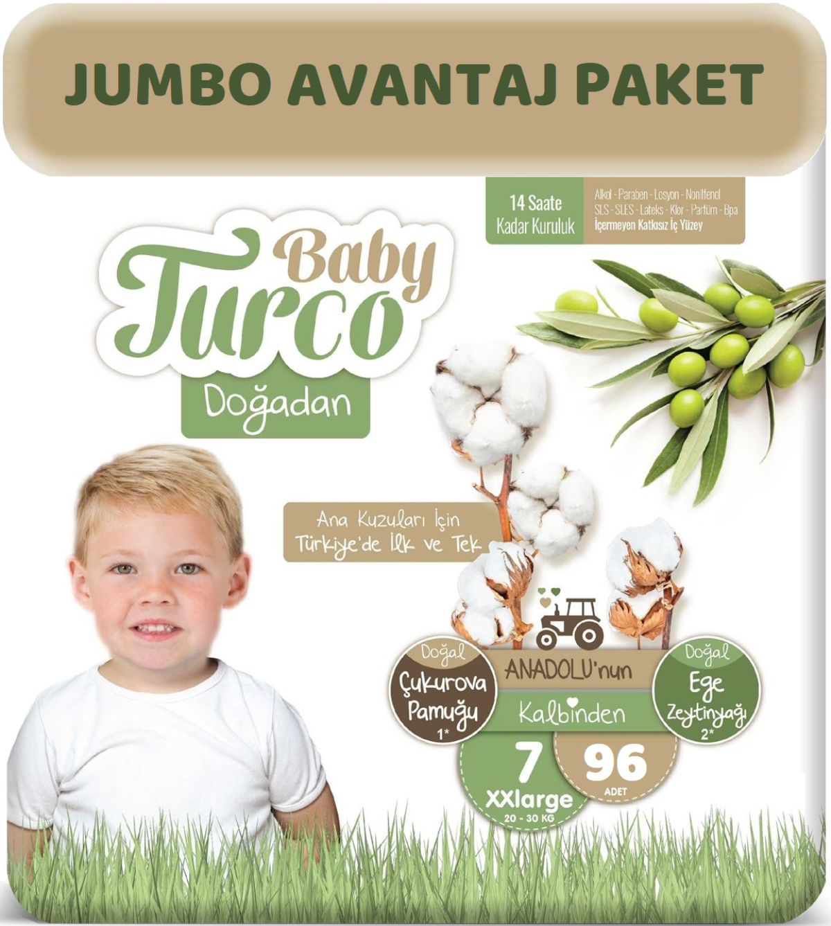 Baby Turco Bebek Bezi Doğadan Beden:7 (20-30Kg) XXLarge 96 Adet Jumbo Avantaj Pk