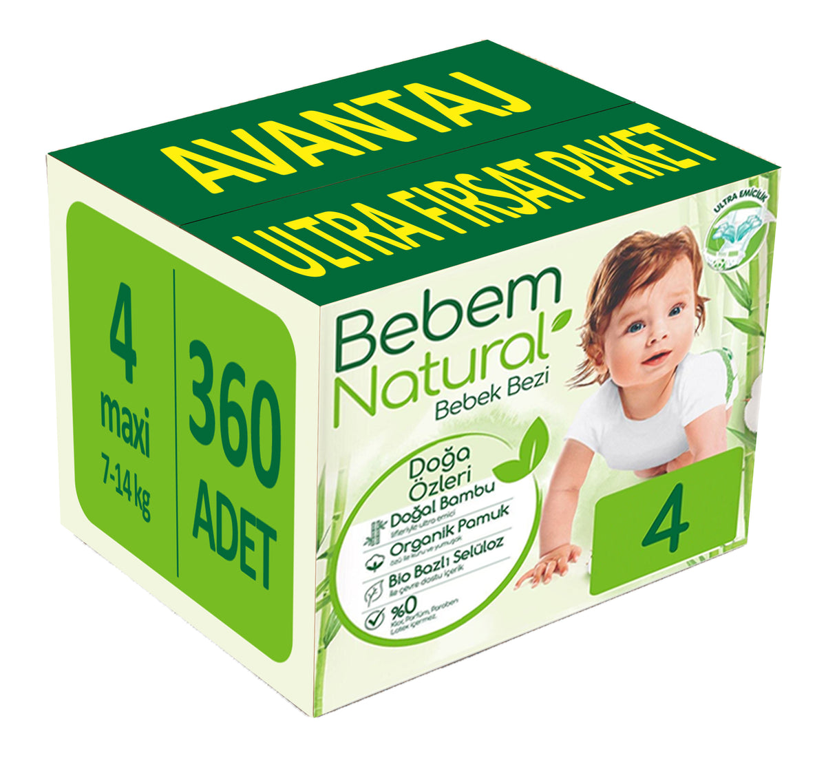 Bebem Bebek Bezi Natural 4 Beden 7-14 KG Maxi 416 Adet Avantaj Ultra Fırsat Pk