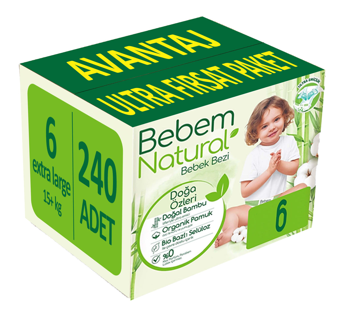 Bebem Bebek Bezi Natural 6 Beden 15+ KG Extra Large 256 Adet Avantaj Ultra Fırsat Pk