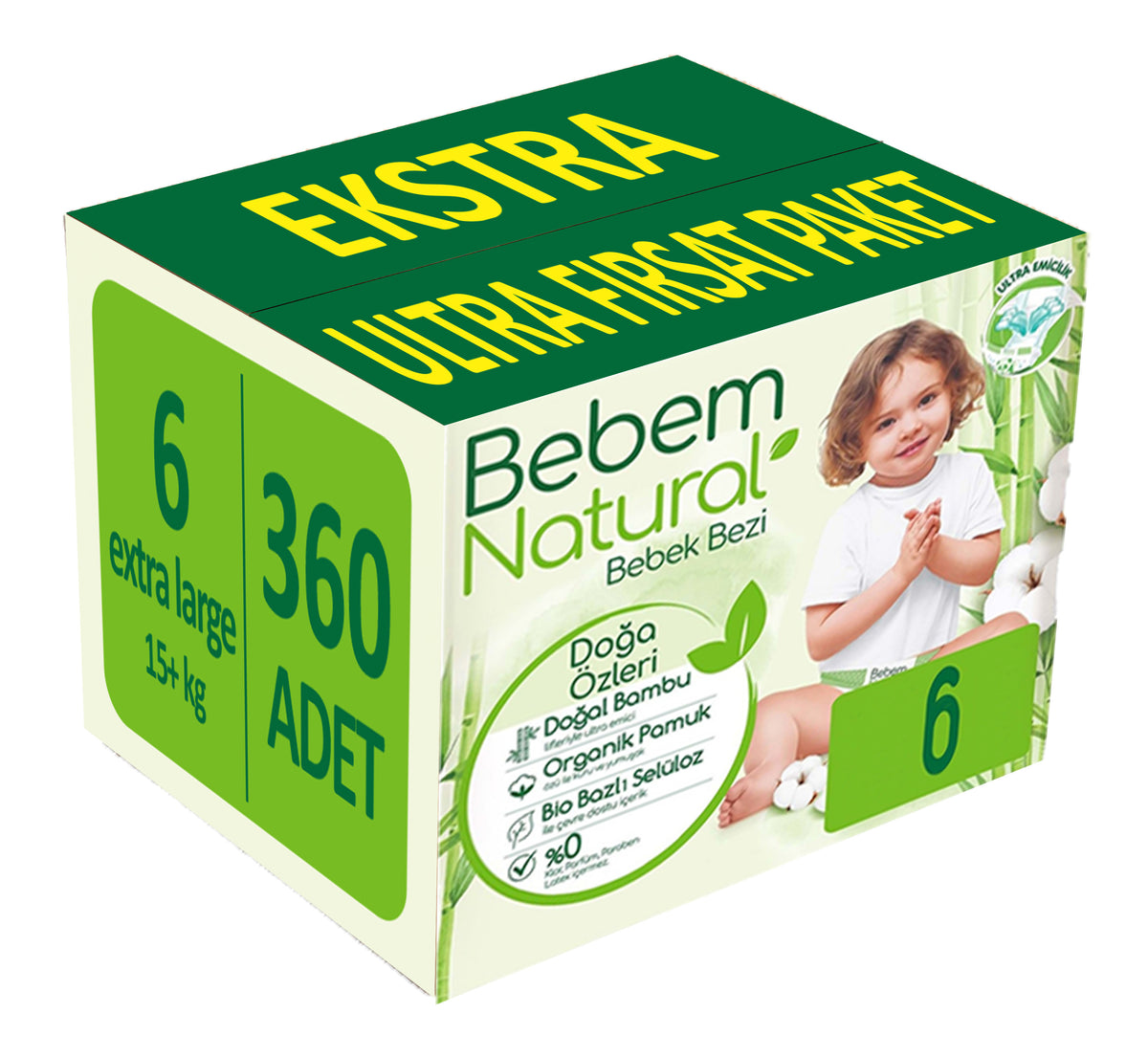 Bebem Bebek Bezi Natural 6 Beden 15+ KG Extra Large 384 Adet Ekstra Ultra Fırsat Pk