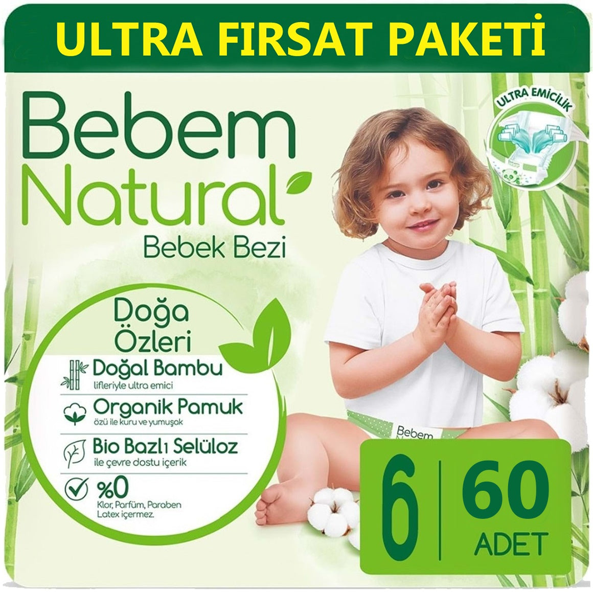 Bebem Bebek Bezi Natural 6 Beden 15+ KG Extra Large 64 Adet Ultra Fırsat Pk