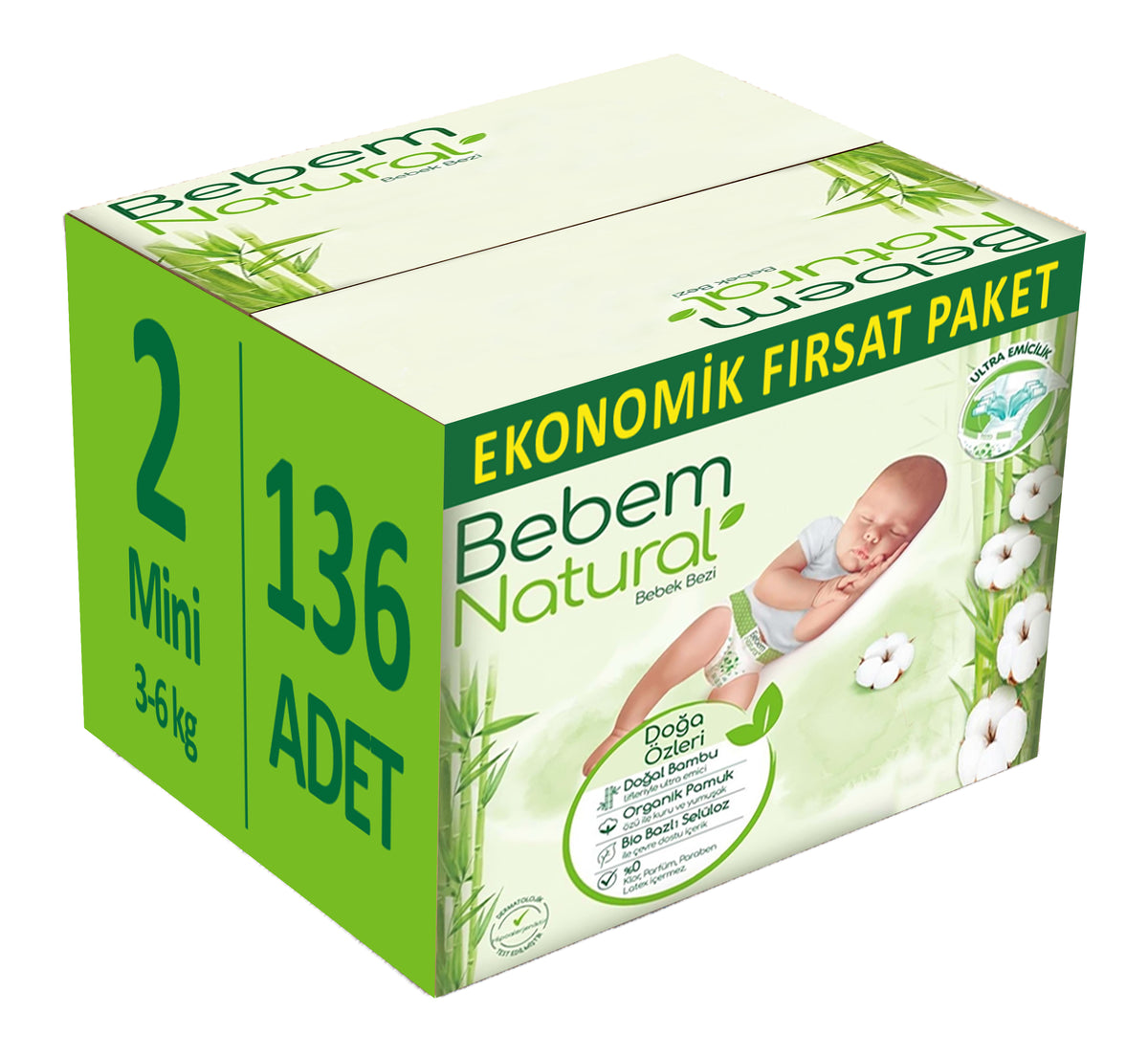 Bebem Bebek Bezi Natural 2 Beden 3-6 KG Mini 136 Adet Ekonomik Fırsat Pk