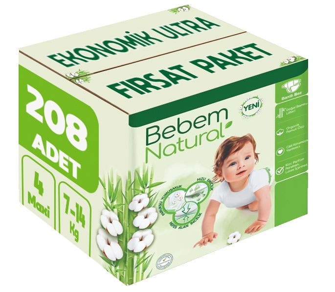 Bebem Bebek Bezi Natural 4 Beden 7-14 KG Maxi 208 Adet Ekonomik Ultra Fırsat Pk