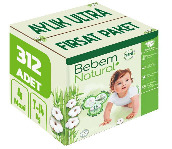 Bebem Bebek Bezi Natural 4 Beden 7-14 KG Maxi 312 Adet Aylık Ultra Fırsat Pk
