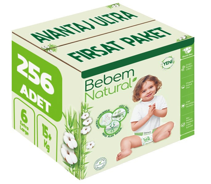 Bebem Bebek Bezi Natural 6 Beden 15+ KG Extra Large 256 Adet Avantaj Ultra Fırsat Pk
