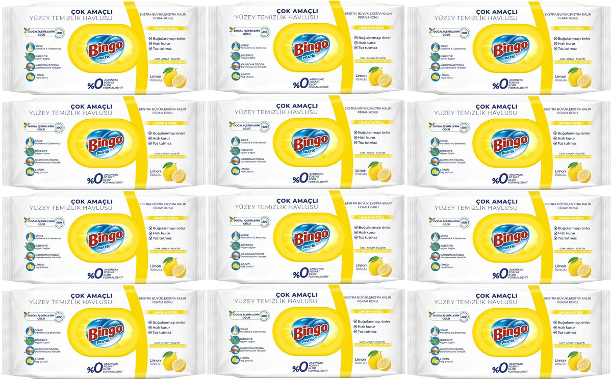 Bingo Clean Yüzey Temizlik Havlusu 96 Yaprak Limon Kokulu Plastik Kapaklı (12 Li Set) 1152 Yaprak