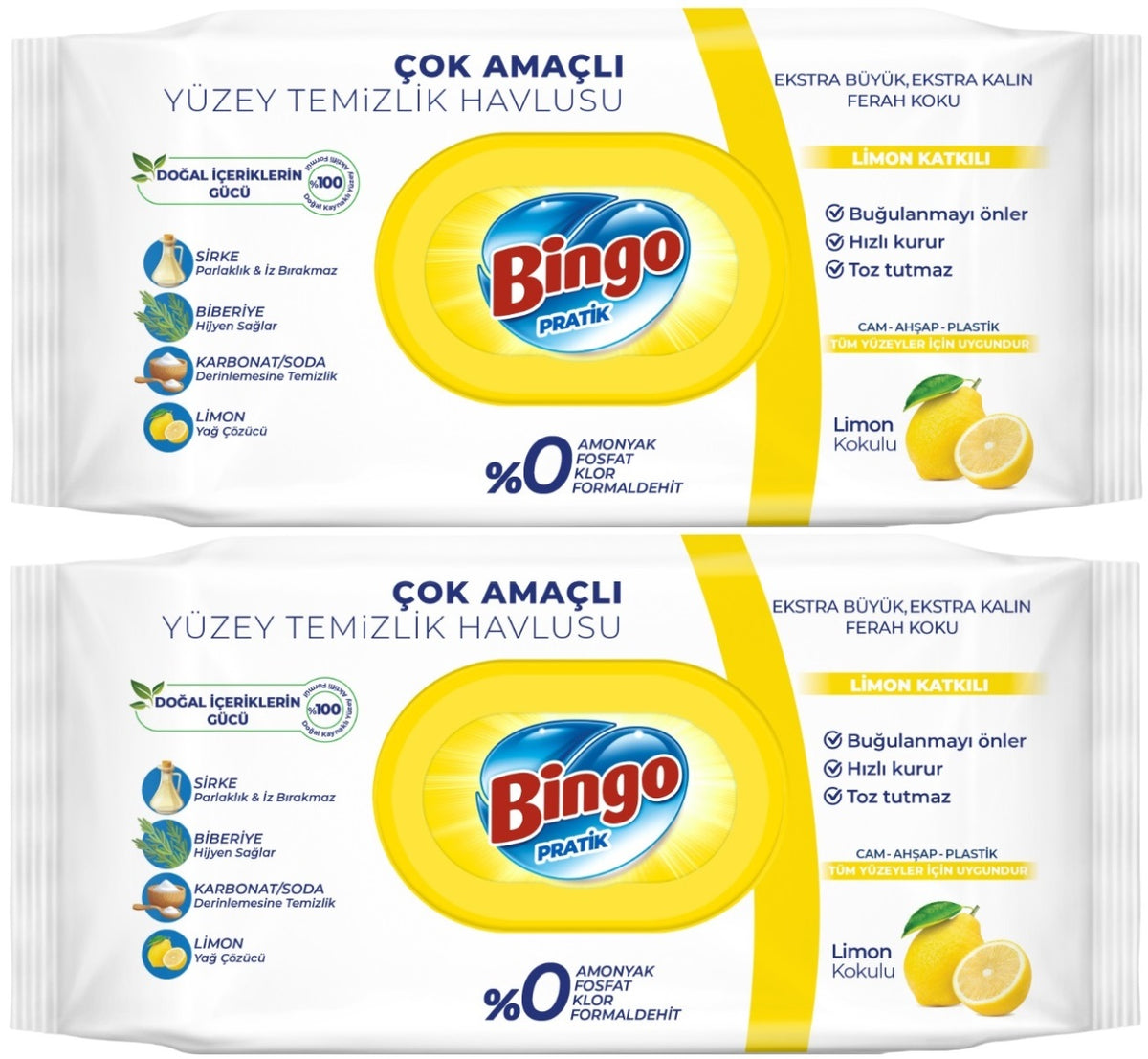Bingo Clean Yüzey Temizlik Havlusu 96 Yaprak Limon Kokulu Plastik Kapaklı (2 Li Set) 192 Yaprak