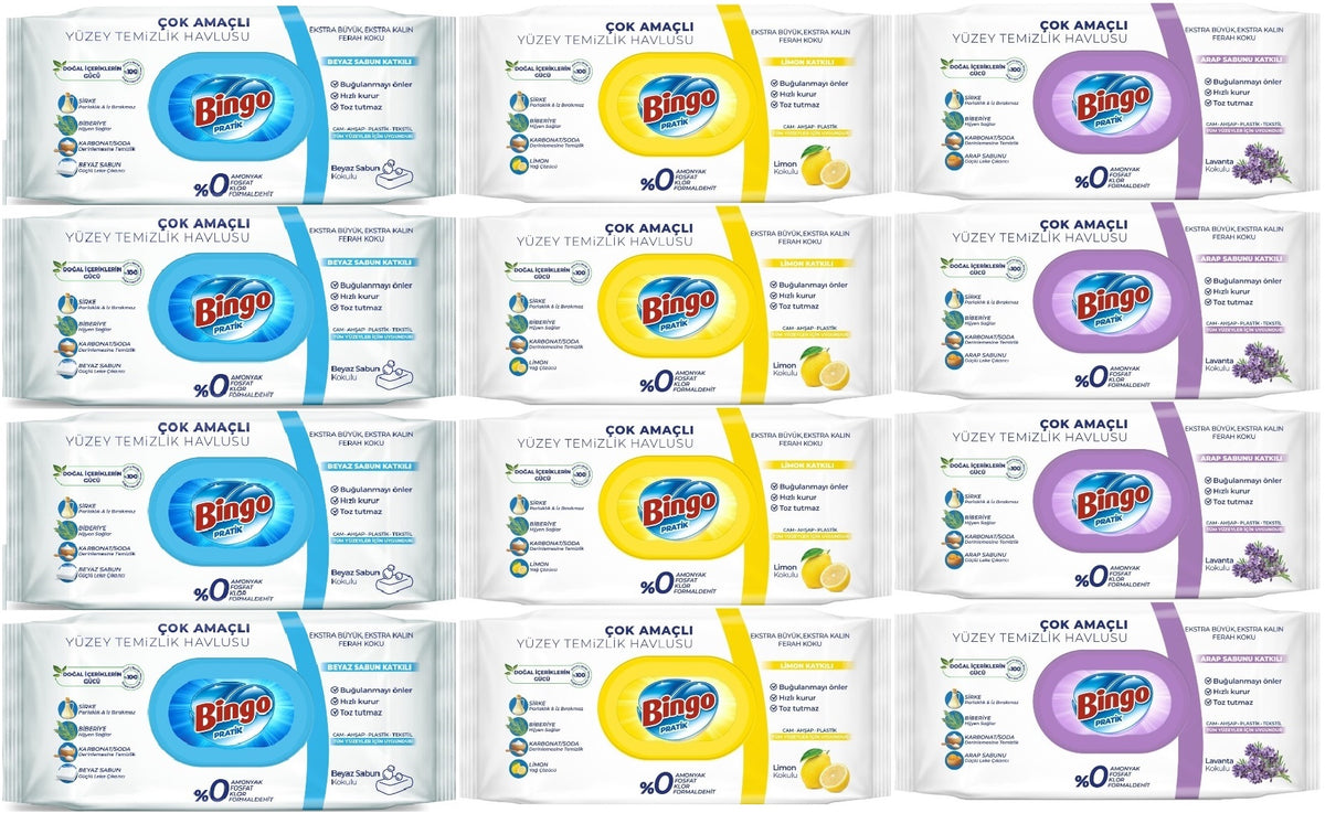 Bingo Clean Yüzey Temizlik Havlusu (Karma 12 Li Set) (Beyaz Sabun/Limon Kokulu/Lavanta Kokulu)