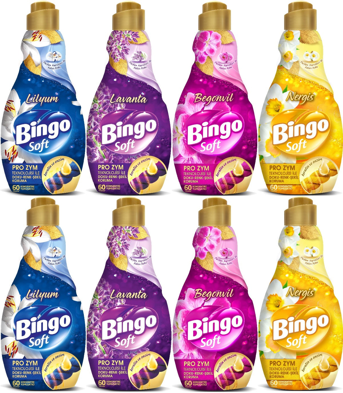 Bingo Soft Çamaşır Yumuşatıcı Konsantre 1440ML Karma 8 Li Set (Lilyum-Lavanta-Begonvil-Nergis)