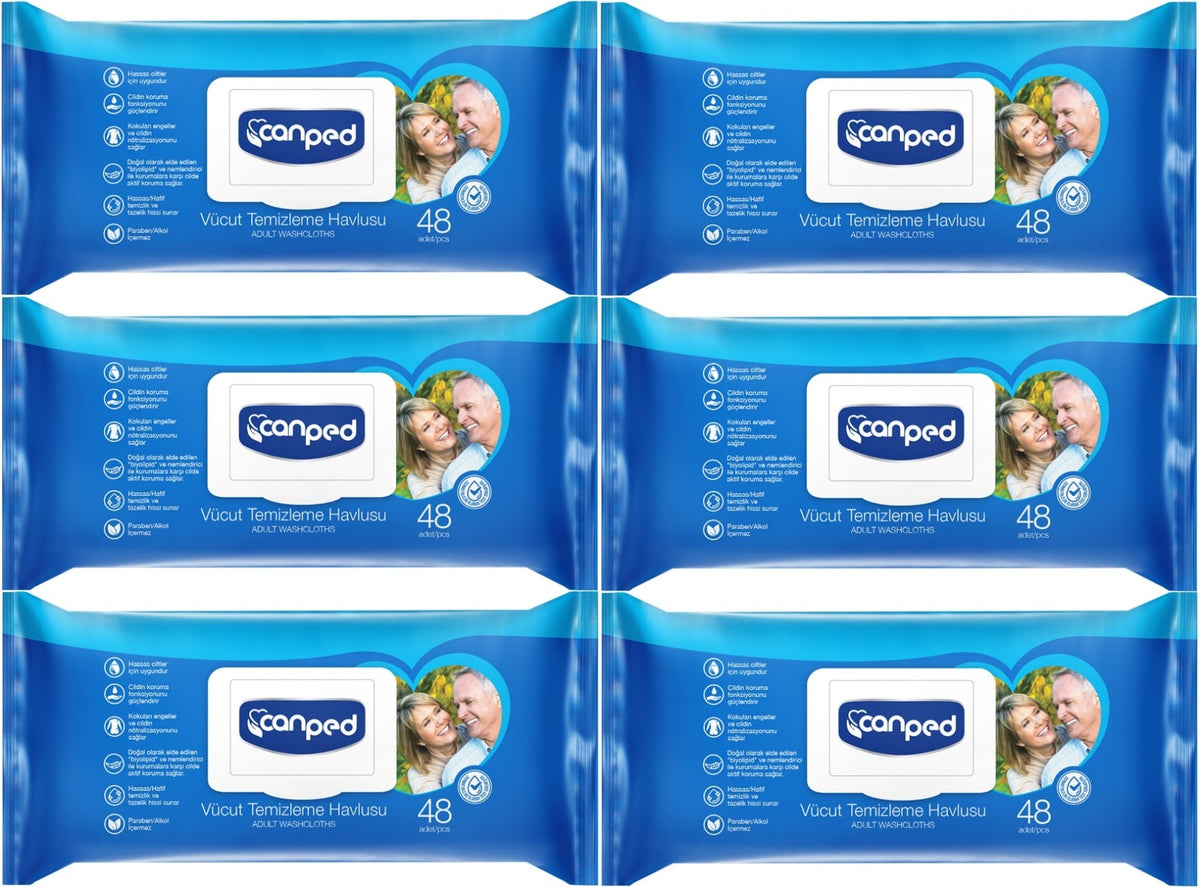 Canped Yetişkin Vücut Perine Temizleme Islak Mendil Havlu 48 Yaprak XL (6 Lı Set) Plastik Kapaklı