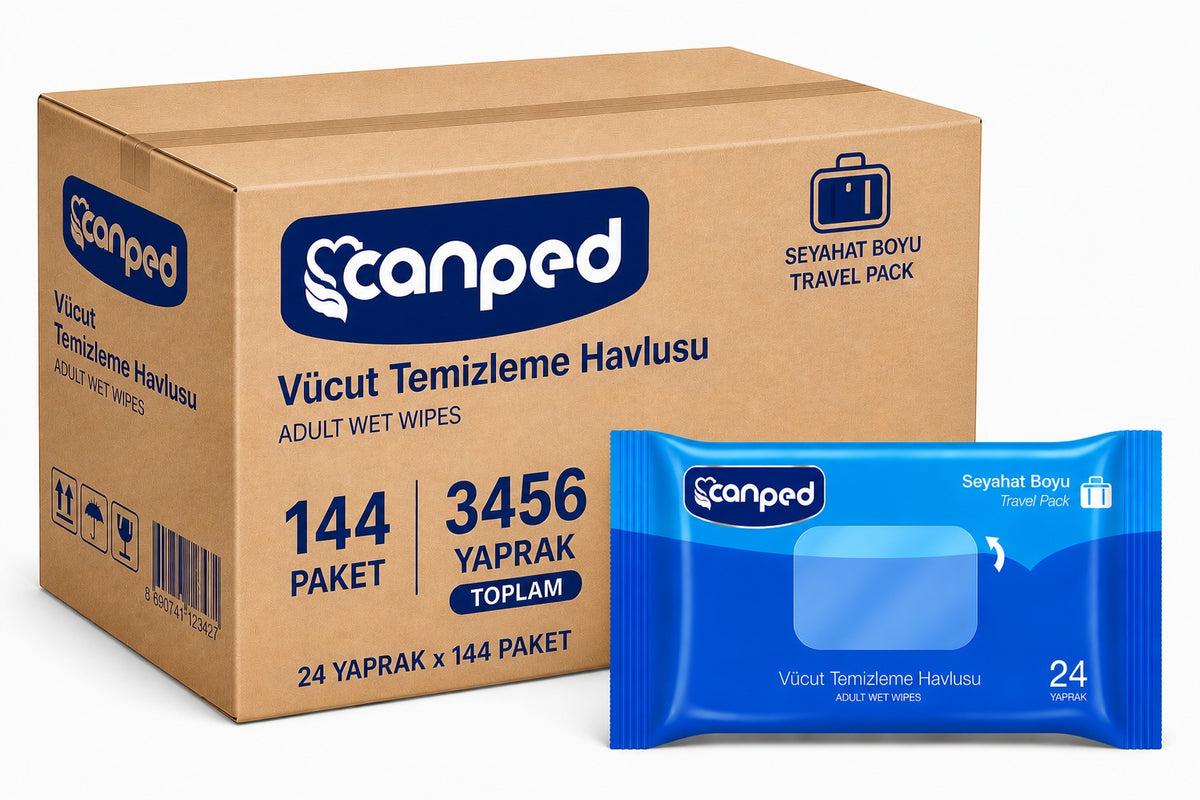 Canped Yetişkin Vücut Temizleme Islak Mendil Havlu 24 Yaprak Seyahat Boy 144 Lü Set (3456 Yaprak)