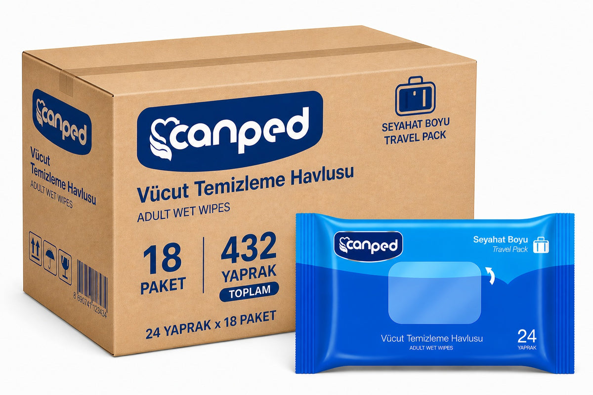 Canped Yetişkin Vücut Temizleme Islak Mendil Havlu 24 Yaprak Seyahat Boy 18 Li Set (432 Yaprak)