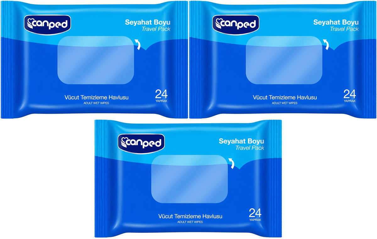 Canped Yetişkin Vücut Temizleme Islak Mendil Havlu 24 Yaprak Seyahat Boy 3 Lü Set (72 Yaprak)