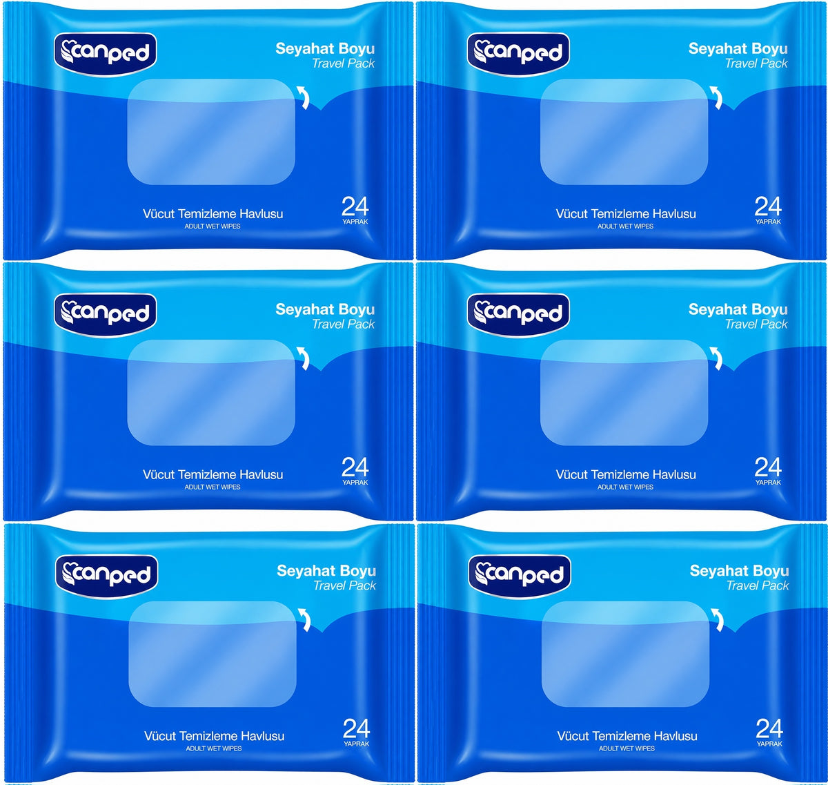 Canped Yetişkin Vücut Temizleme Islak Mendil Havlu 24 Yaprak Seyahat Boy 6 Lı Set (144 Yaprak)