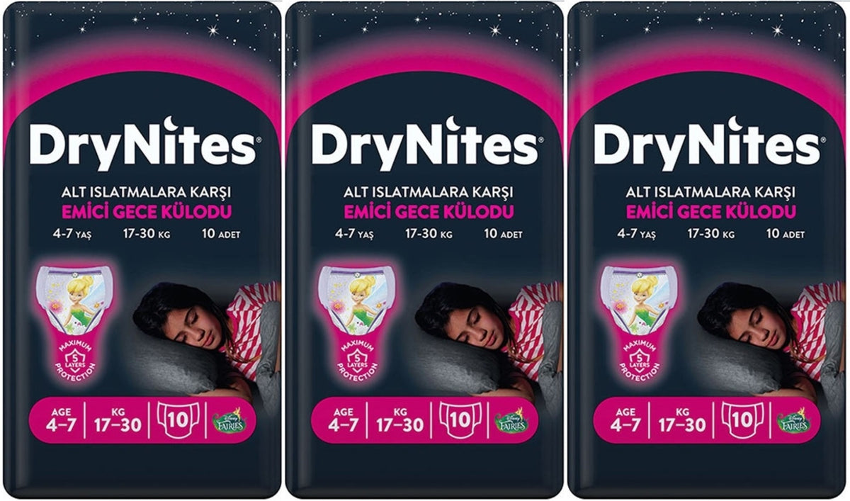 Drynites Emici Gece Külodu/Külot Bez Kız 4-7 Yaş 17-30 KG Large 30 Adet 3PK*10 Alt Islatmalara Karşı