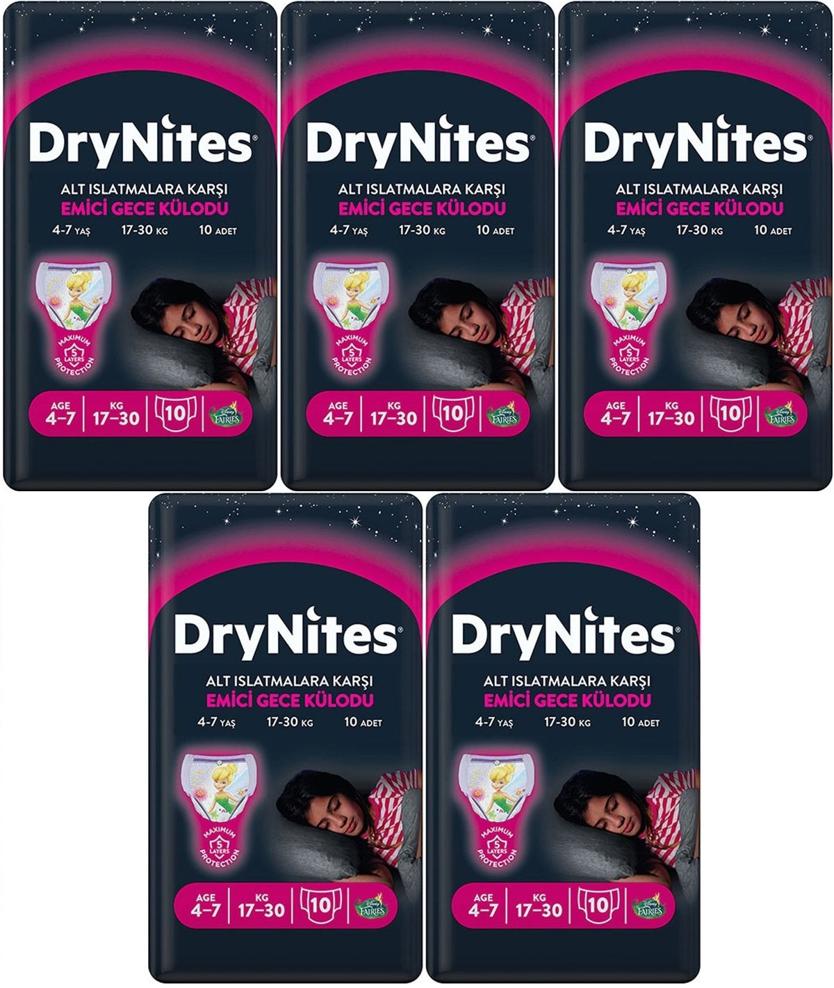 Drynites Emici Gece Külodu/Külot Bez Kız 4-7 Yaş 17-30 KG Large 50 Adet 5PK*10 Alt Islatmalara Karşı