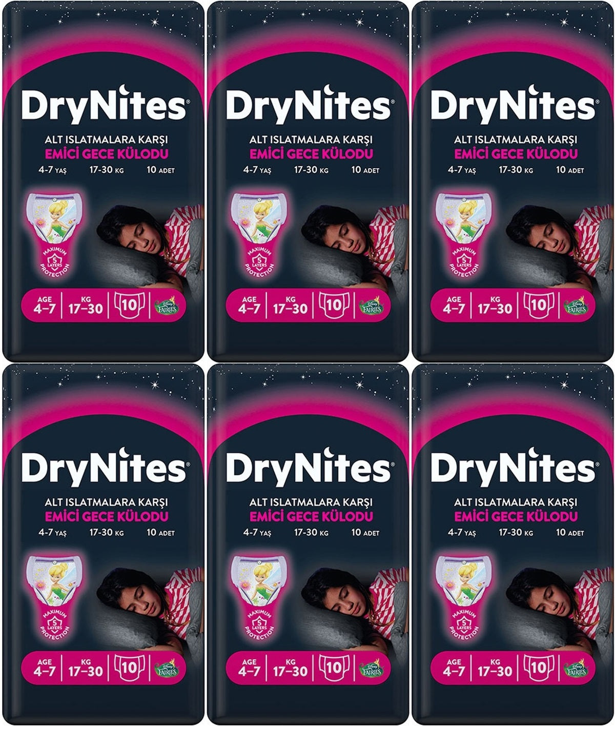 Drynites Emici Gece Külodu/Külot Bez Kız 4-7 Yaş 17-30 KG Large 60 Adet 6PK*10 Alt Islatmalara Karşı