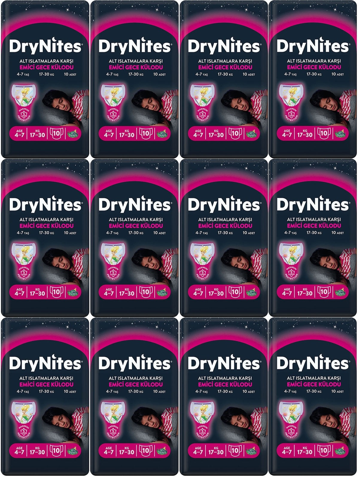 Drynites Emici Gece Külodu/Külot Bez Kız 4-7 Yaş 17-30KG Large 120Adet 12PK*10 Alt Islatmalara Karşı