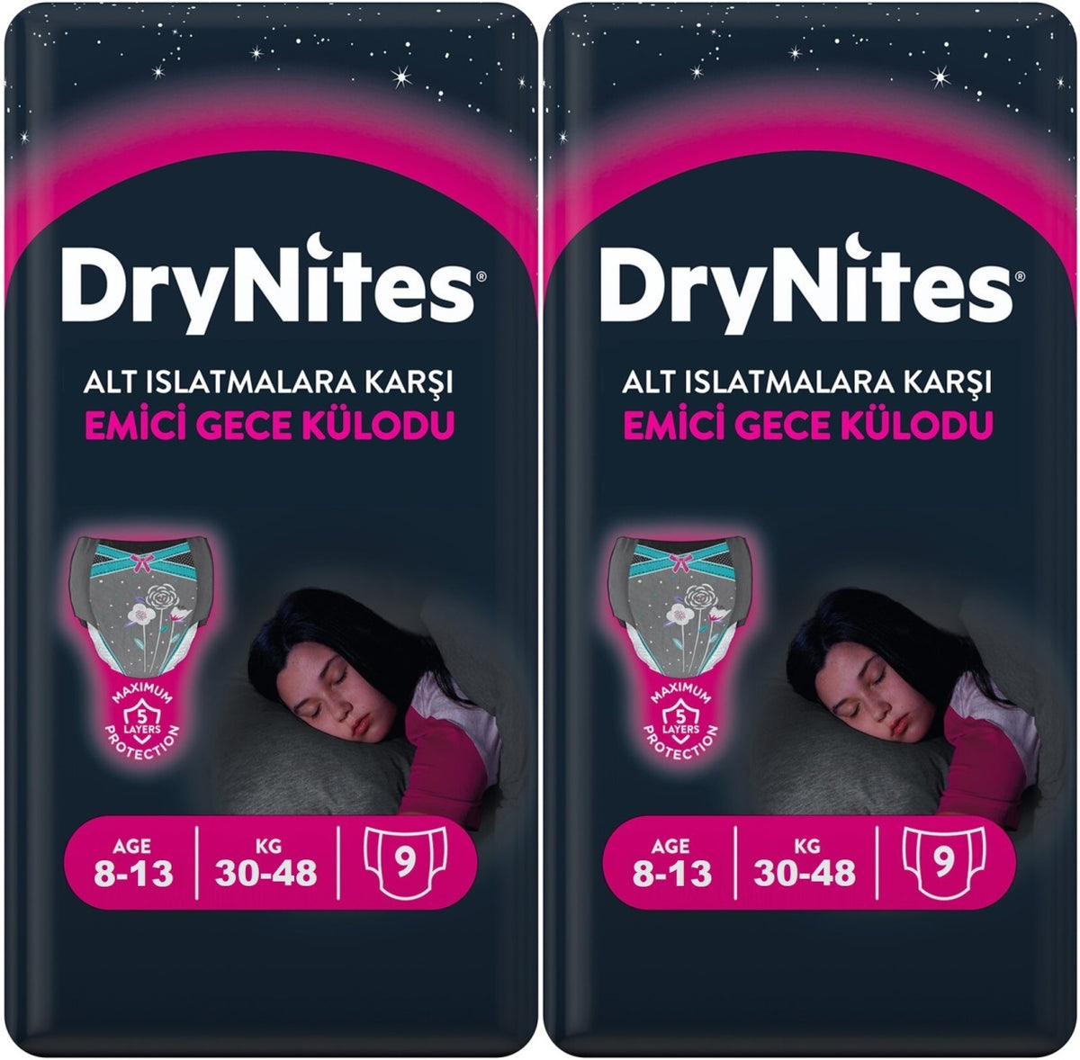 Drynites Emici Gece Külodu/Külot Bez Kız 8-13 Yaş 30-48KG Large 18 Adet 2PK*9 Alt Islatmalara Karşı