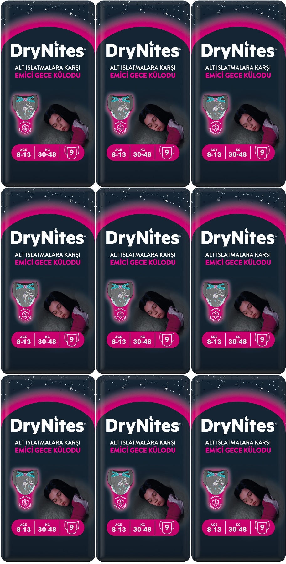 Drynites Emici Gece Külodu/Külot Bez Kız 8-13 Yaş 30-48KG Large 81 Adet 9PK*9 Alt Islatmalara Karşı