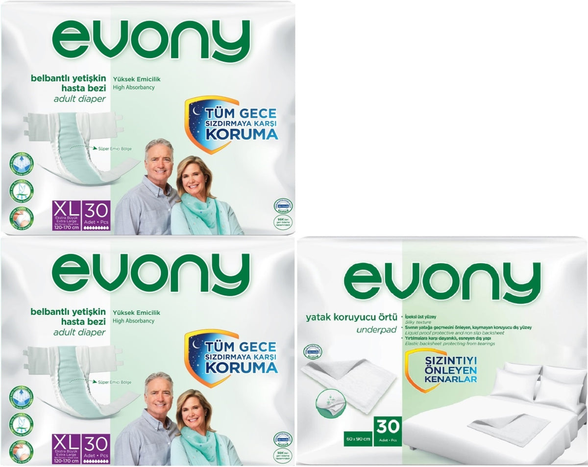 Evony Yetişkin Bezi Bel Bantlı Tekstil Yüzey Ekstra Büyük 60 Adet+ Yatak Koruyucu Örtü 30 Adet