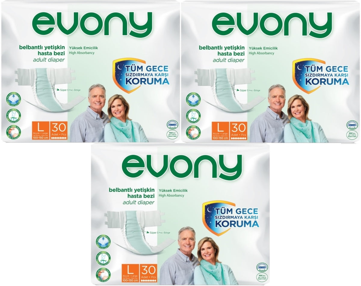 Evony Yetişkin Bezi Bel Bantlı Tekstil Yüzey L-Büyük 90 Adet (3PK*30)