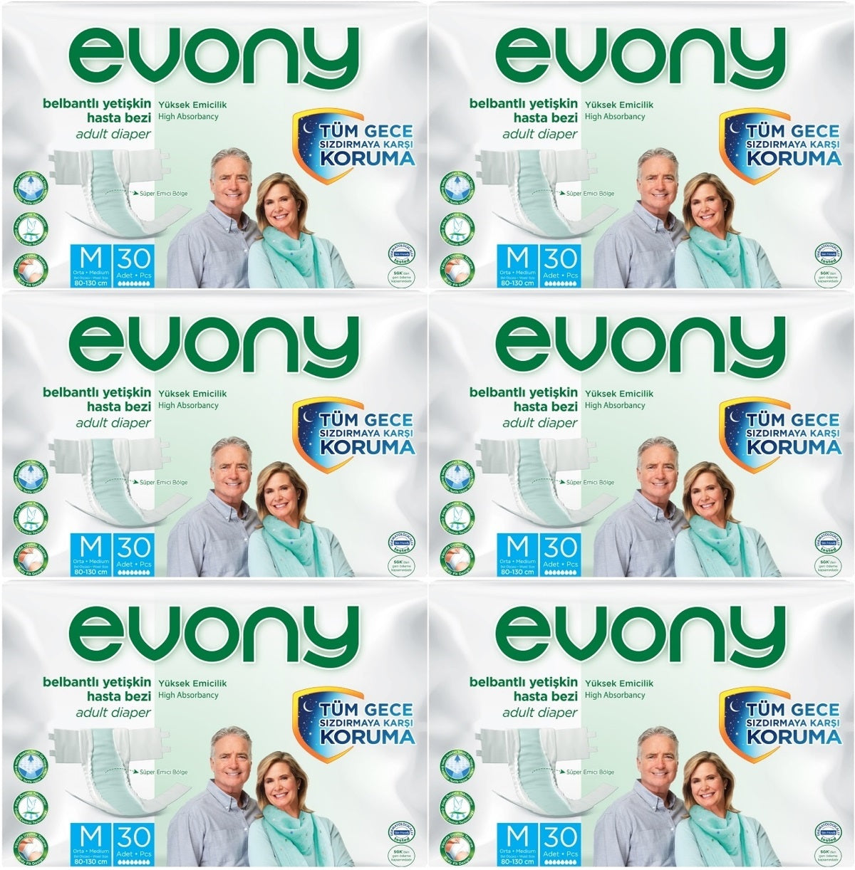 Evony Yetişkin Bezi Bel Bantlı Tekstil Yüzey M-Orta 180 Adet (6PK*30)
