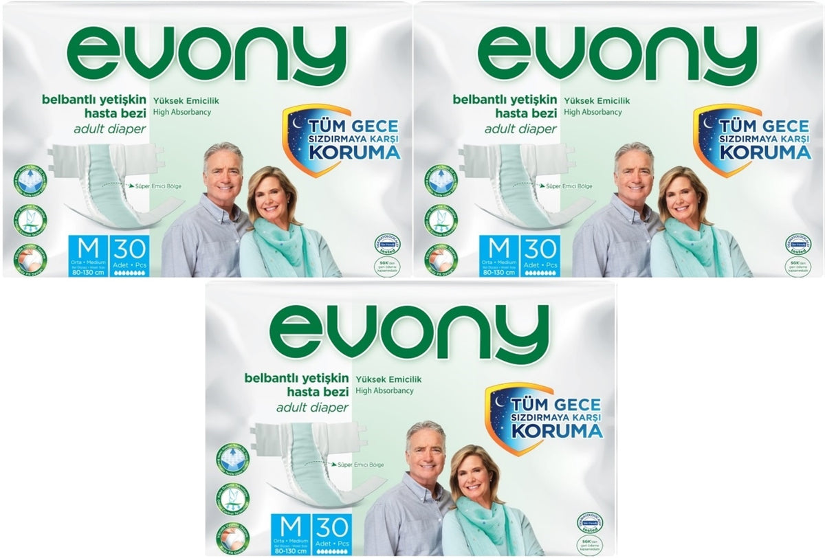 Evony Yetişkin Bezi Bel Bantlı Tekstil Yüzey M-Orta 90 Adet (3PK*30)