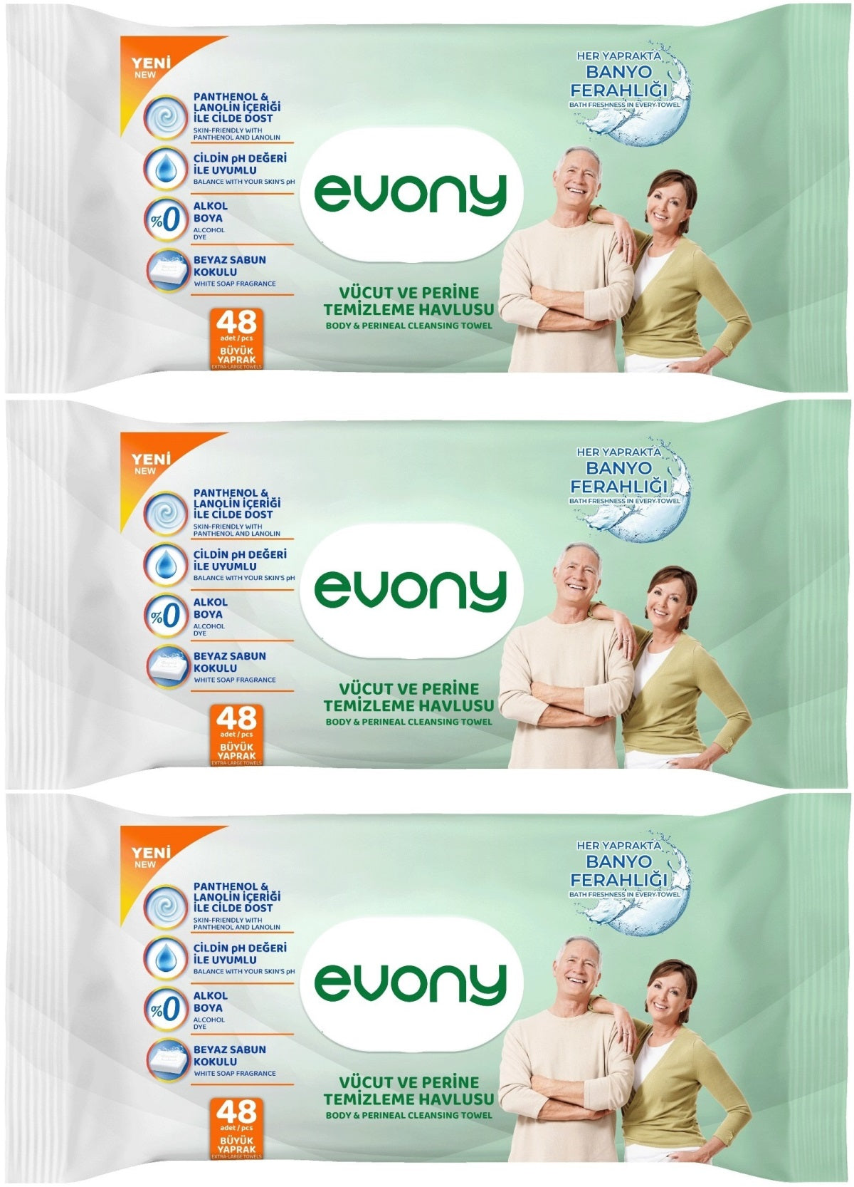 Evony Yetişkin Vücut Perine Temizleme Islak Mendil Havlu 48 Yaprak XL Banyo Ferahlığı (3 Lü Set)