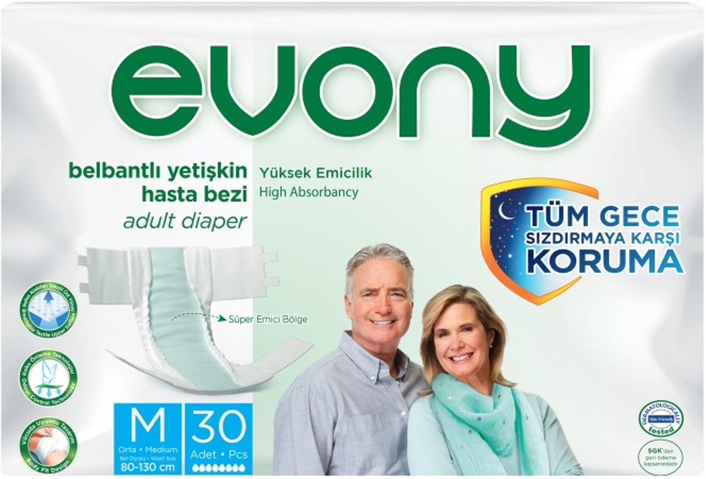 Evony Yetişkin Bezi Bel Bantlı Tekstil Yüzey M - Orta - Medium 30 Adet Tekli Pk