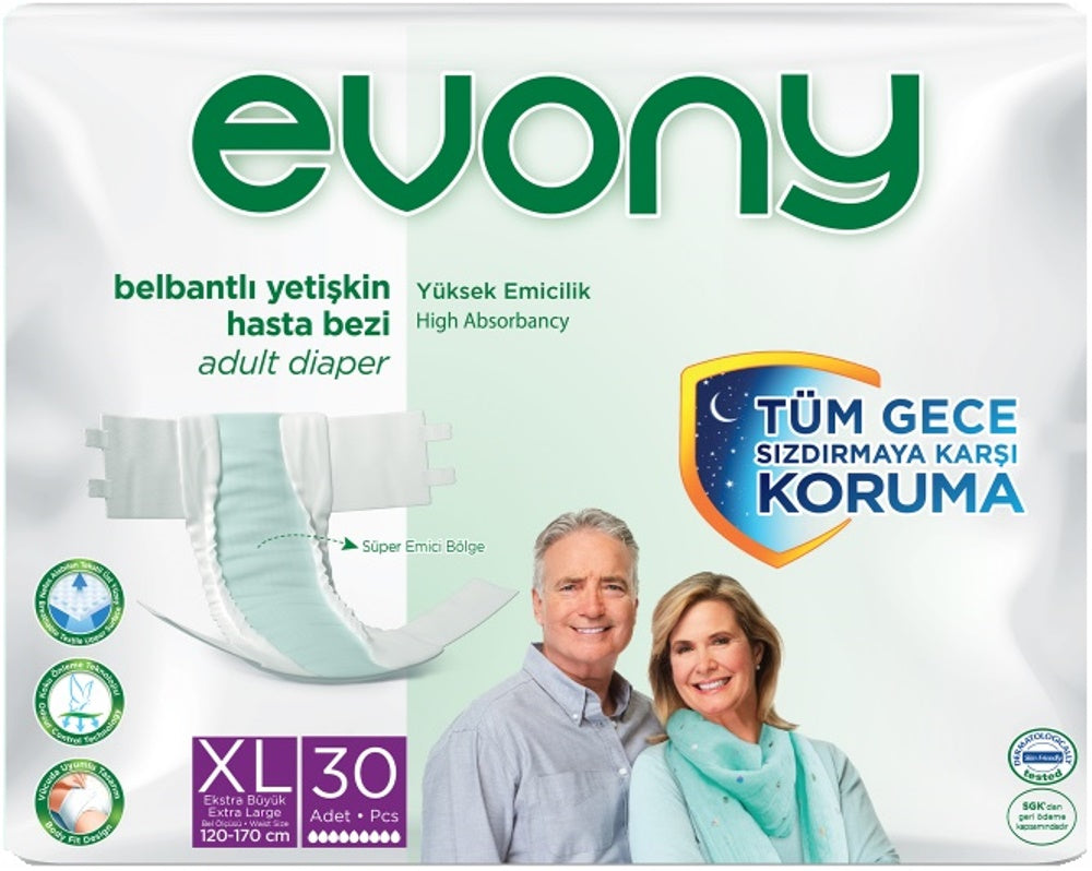 Evony Yetişkin Bezi Bel Bantlı Tekstil Yüzey XL - Ekstra Büyük - Extra Large 30 Adet Tekli Pk