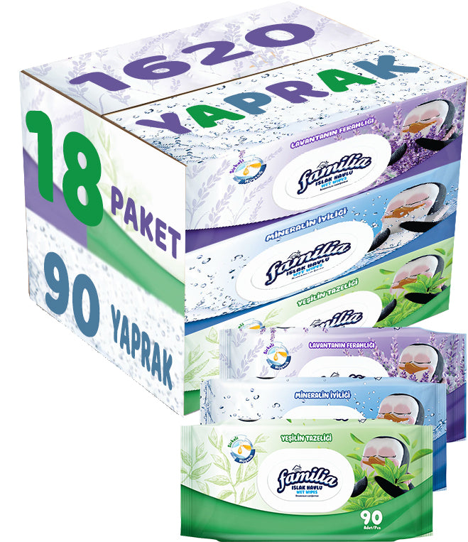 Familia Islak Havlu Mendil 90 Yaprak Karma 18 Li Set (Lavanta-Mineral-Yeşilin Tazeliği) 1620 Yaprak