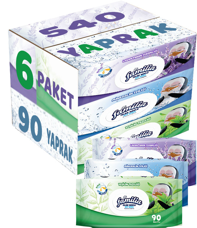 Familia Islak Havlu Mendil 90 Yaprak Karma 6 Lı Set (Lavanta-Mineral-Yeşilin Tazeliği) 540 Yaprak