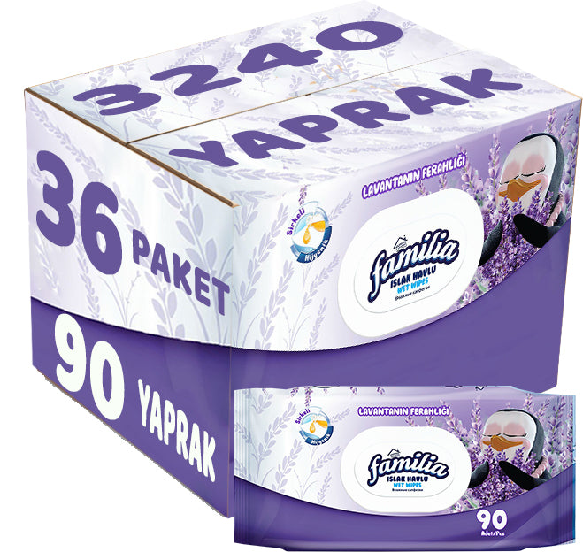 Familia Islak Havlu Mendil Lavantanın Ferahlığı 90 Yaprak Plastik Kapaklı 36 Lı Set 3240 Yaprak