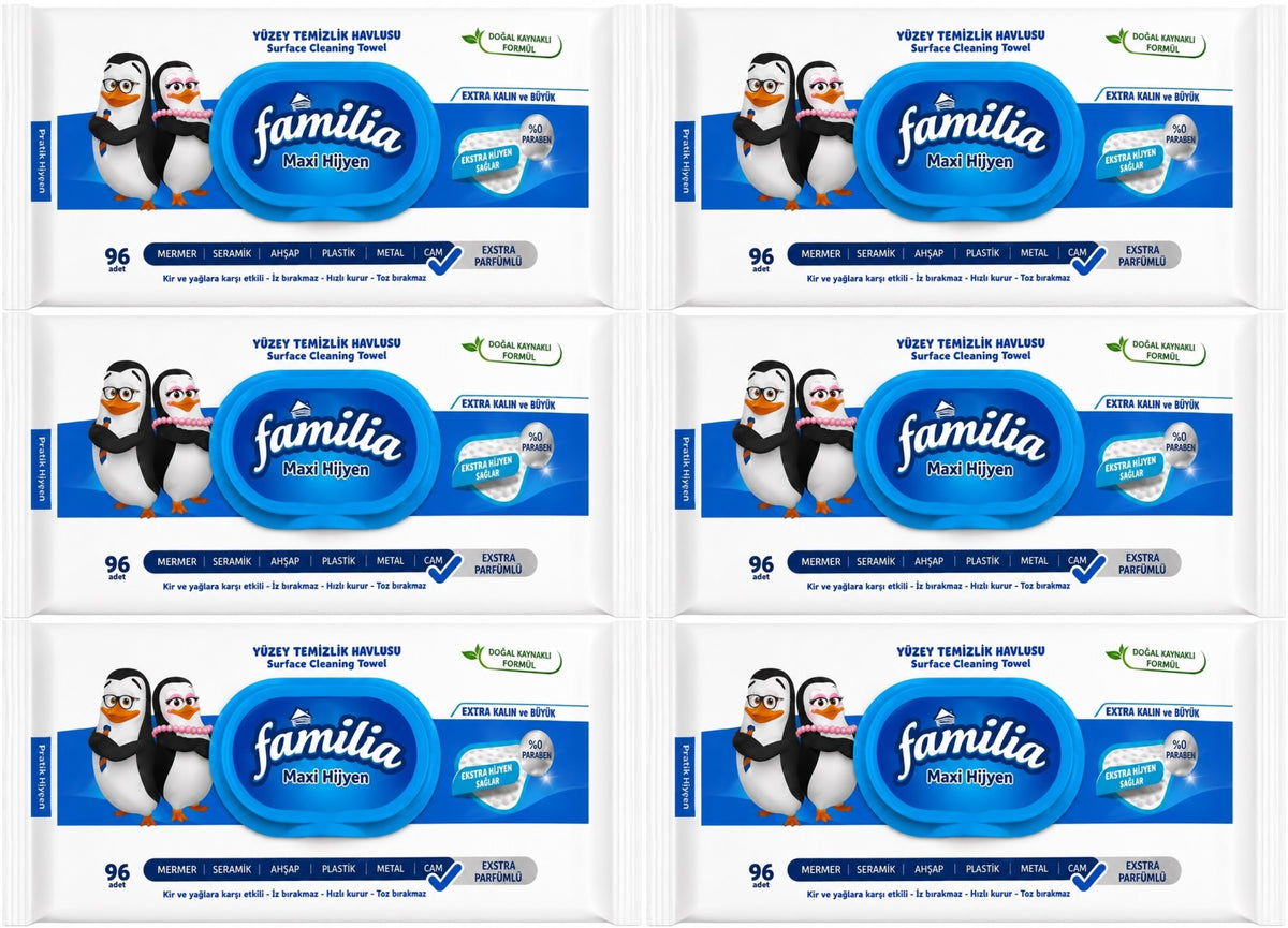 Familia Yüzey Temizlik Havlusu 96 Yaprak Maxi Hijyen Kabartma Doku Plastik Kapaklı 6 Lı Set 576 Yprk