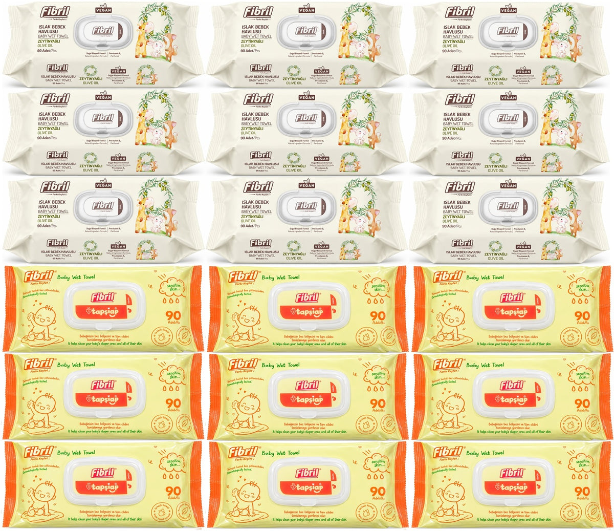 Fibril Islak Havlu Bebek Mendil 90 Yaprak Zeytinyağlı & Bebek (Karma 18 Li Set) 1620 Yaprak