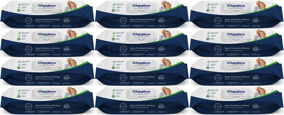 Giggles Yetişkin Vücut Temizleme Islak Mendil Havlu 600 Yaprak XL (Beyaz Sabun Kokulu) (12PK*50)