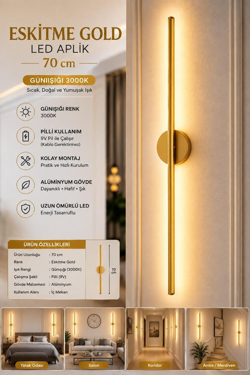 MANDAŞ Eskitme Gold Gün Işığı 70 CM Led Duvar Aplik 1 Adet Pilli Kablosuz Kullanım Tak-Çalıştır