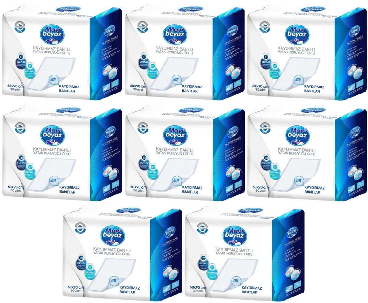 Mavi Beyaz Yetişkin Alt Açma Yatak Koruyucu Örtü 60*90CM 240 Adet (8PK*30) Kaydırmaz Bantlı
