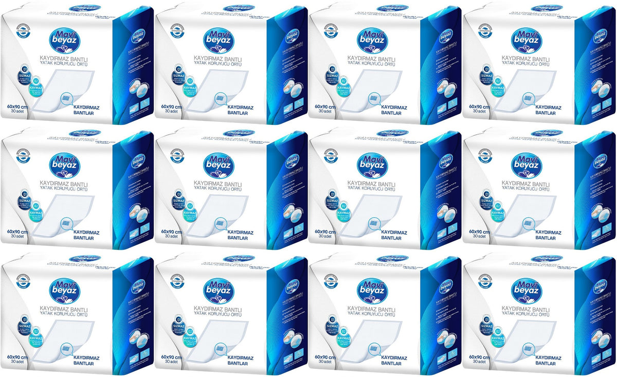 Mavi Beyaz Yetişkin Alt Açma Yatak Koruyucu Örtü 60*90CM 360 Adet (12PK*30) Kaydırmaz Bantlı
