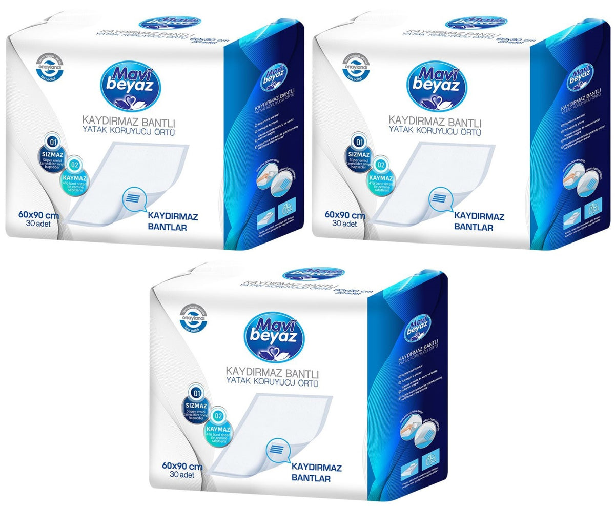 Mavi Beyaz Yetişkin Alt Açma Yatak Koruyucu Örtü 60*90CM 90 Adet (3PK*30) Kaydırmaz Bantlı