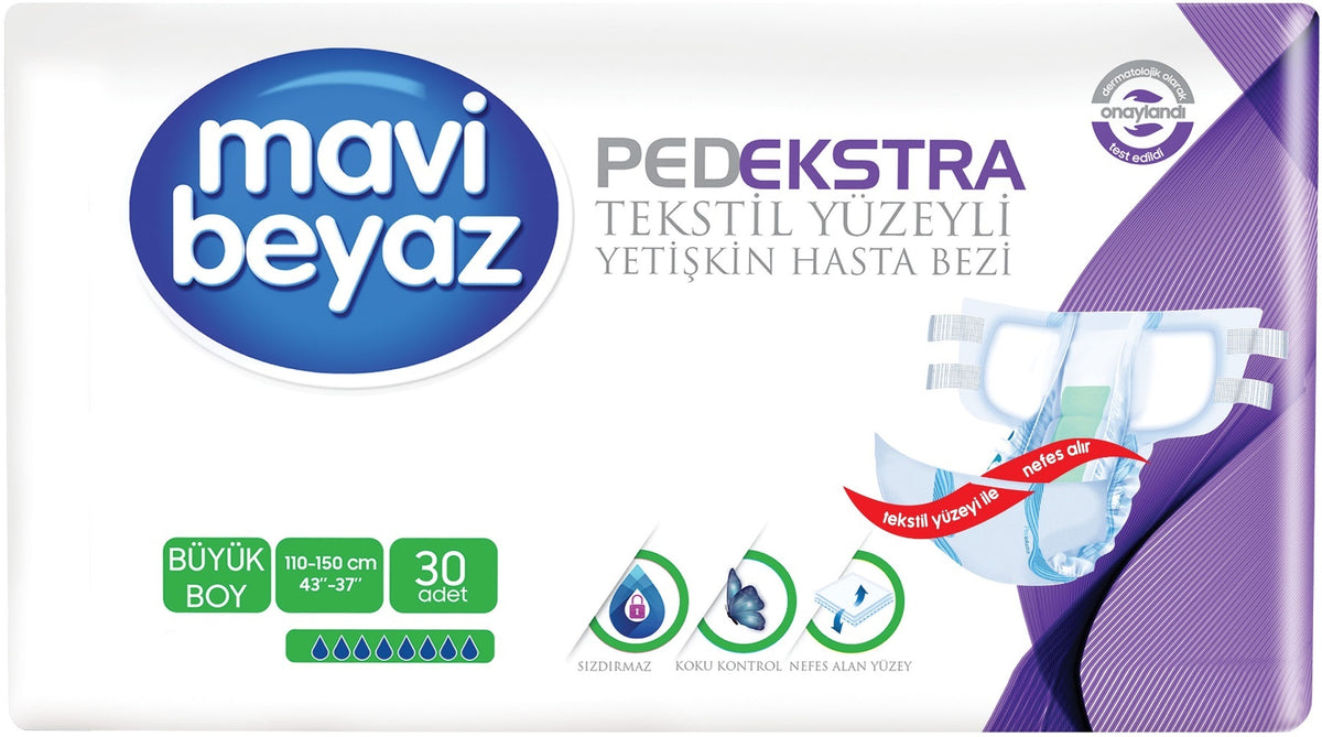 Mavi Beyaz Ped Ekstra Tekstil Yüzeyli Bel Bantlı Yetişkin Bezi L - Large - Büyük 30 Adet