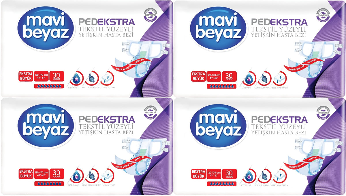 Mavi Beyaz Ped Ekstra Tekstil Yüzeyli Bel Bantlı Yetişkin Bezi XL -Extra Large -Ekstra Büyük 120 Adt