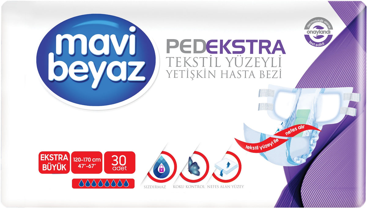 Mavi Beyaz Ped Ekstra Tekstil Yüzeyli Bel Bantlı Yetişkin Bezi XL -Extra Large -Ekstra Büyük 30 Adet