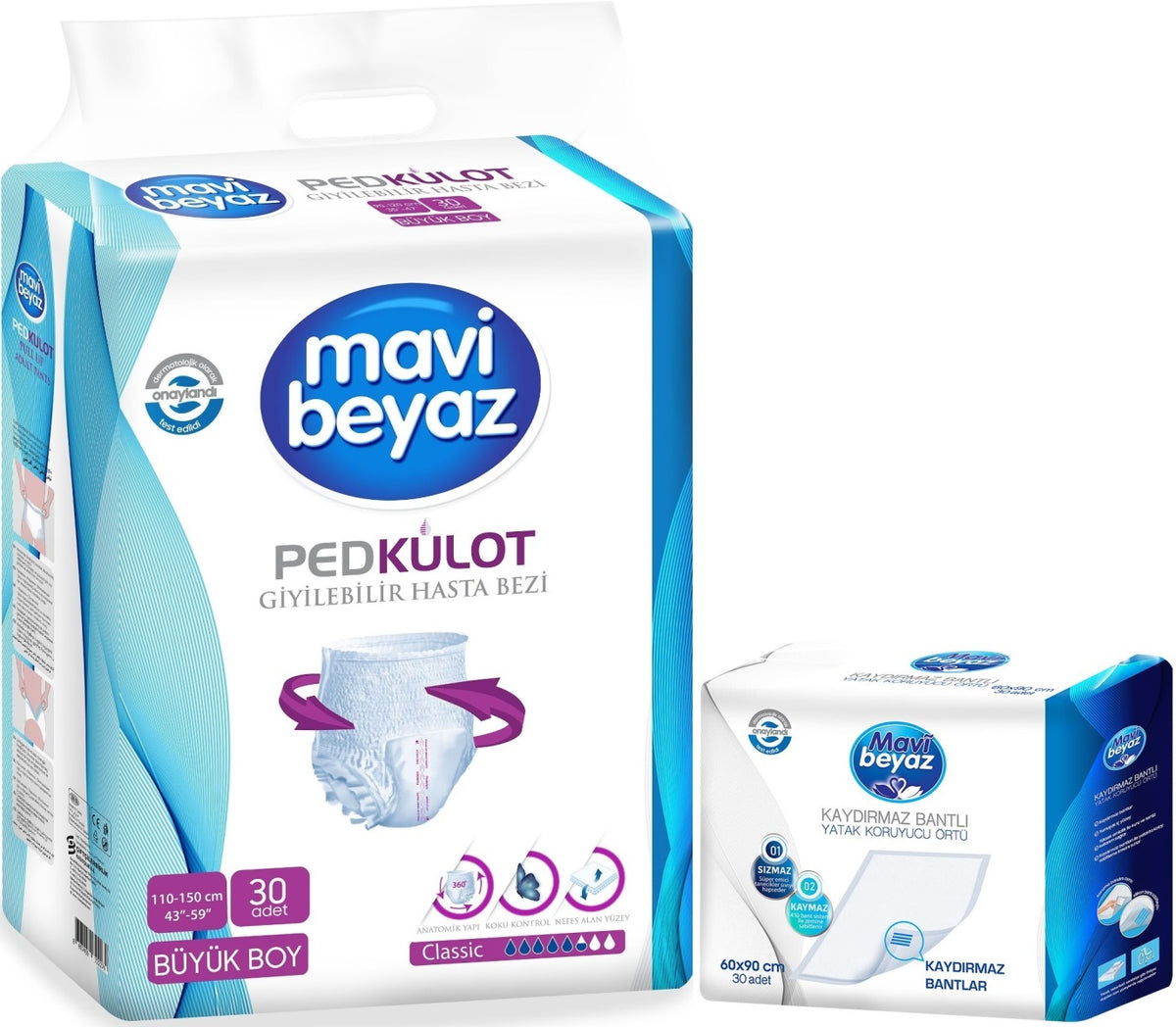Mavi Beyaz Ped Emici Külot Yetişkin Bezi L -Large Büyük 30 Adet +Yatak Koruyucu Örtü 60x90CM 30 Adet