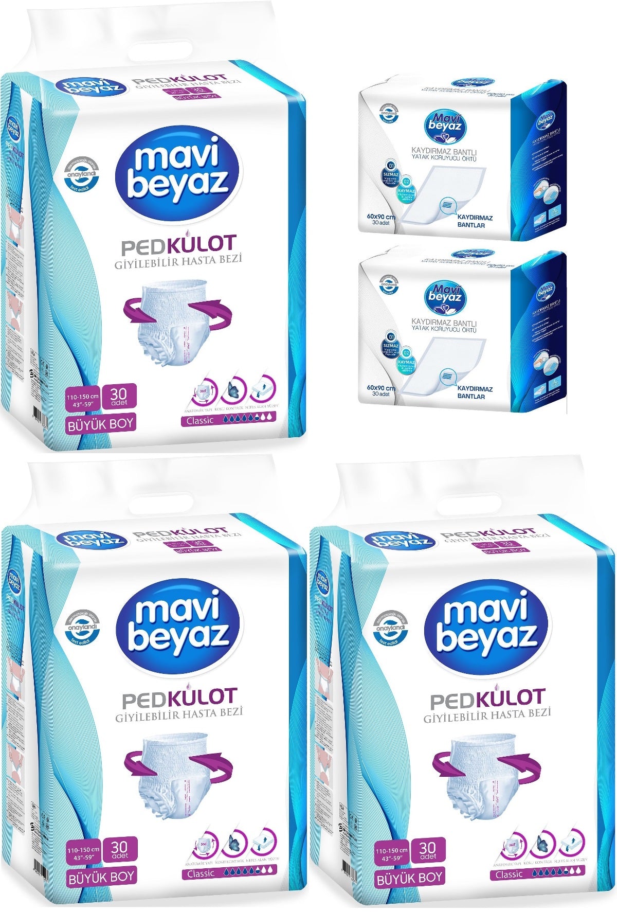 Mavi Beyaz Ped Emici Külot Yetişkin Bezi L -Large Büyük 90 Adet +Yatak Koruyucu Örtü 60x90CM 60 Adet
