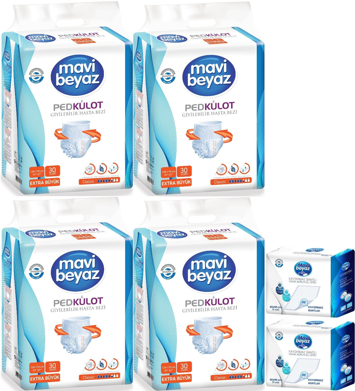 Mavi Beyaz Ped Emici Külot Yetişkin Bezi XL-Ekstra Büyük 120 Adet + Yatak Koruyucu Örtü 60*90CM 60Adet