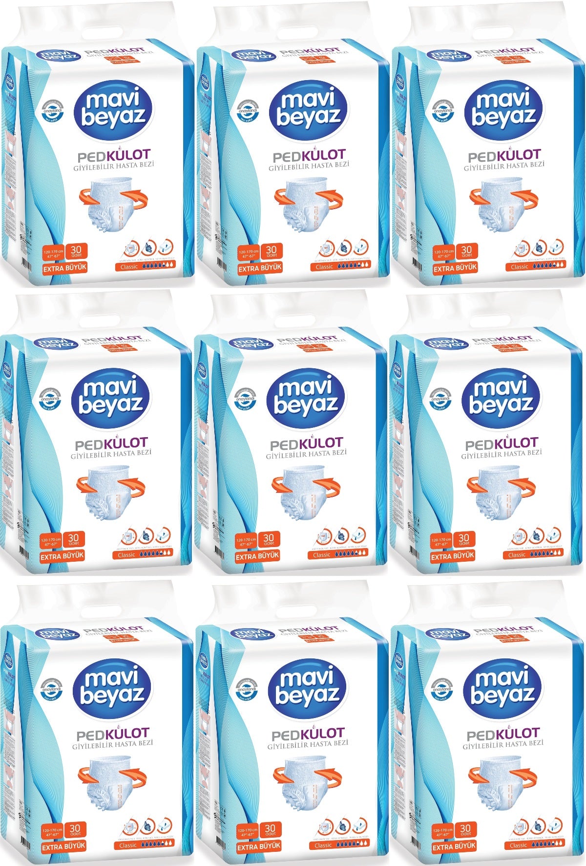 Mavi Beyaz Ped Emici Külot Yetişkin Bezi XL - Extra Large - Ekstra Büyük 270 Adet